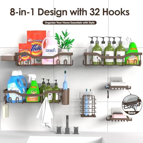 NESOMI Shower Caddy Adhesive Shower Organizer 8-Pack, Rustproof Stainless Steel Bathroom Shelves, Large Capacity No-Drill Rack Storage Accessories with Soap Dish Toothbrush Holder Hooks - Image 7