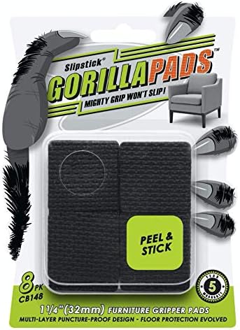 Slipstick GorillaPads CB148 Non Slip Furniture Pads/Rubber Gripper Feet (Set of 8) Self Adhesive Anti-Skid Floor Protectors, 1-1/4 inch Square, Black by Slipstick