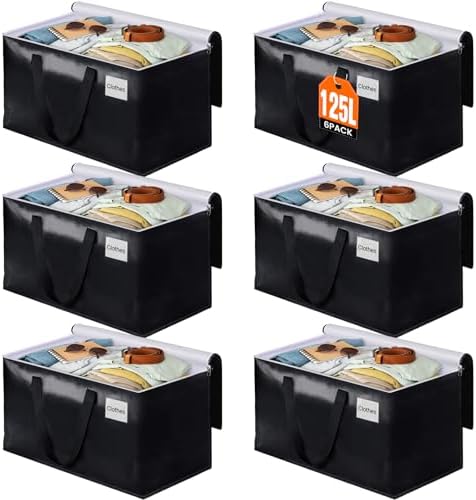 Heavy Duty Moving Bags, Extra Large Storage Bags, 125L, 6-Pack, Black by BlissTotes