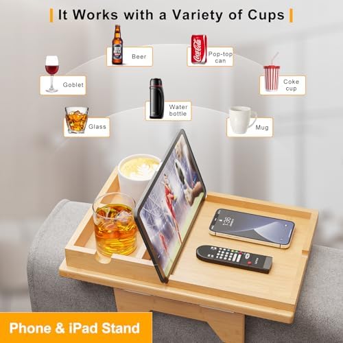 Bestjing 2 in 1 Bamboo Couch Cup Holder Tray with Double Holder Tray - Image 4