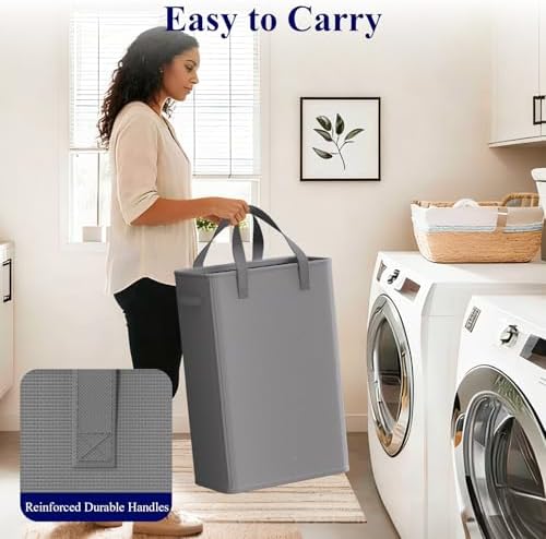 Optish 50L Slim Laundry Hamper, Small Laundry Hamper With Handles, Narrow Laundry Basket for Dorm, Bedroom, Living Room, Collapsible Laundry Basket, Grey - Image 5