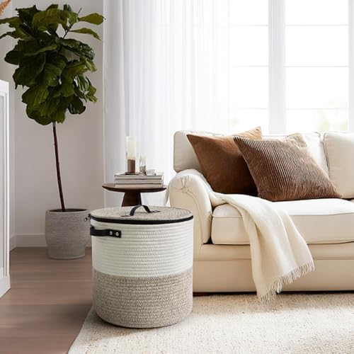 Storage Basket with Lid, 15"x13" Round Woven Blanket Storage for Living Room, Decorative Cotton Rope Hamper with Zipper Top, Wicker Basket with Lid, Floor Covered Kids Dog Toy Bin - Image 6