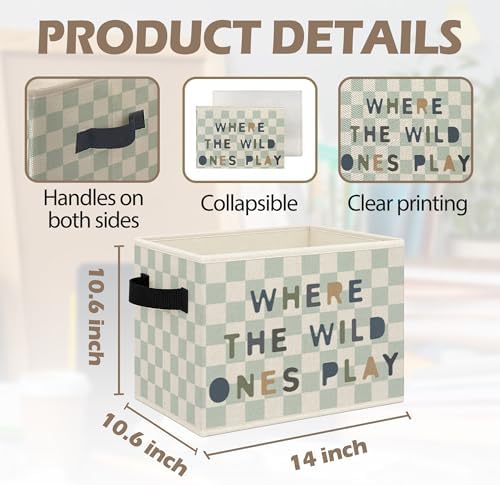 Boho Playroom Foldable Storage Bins Box with Handles, Retro Blue Checkered Collapsible Toys Books Clothes Organizer Basket for Kids Nursery Room Classroom Playroom Bedroom Bathroom - Image 7