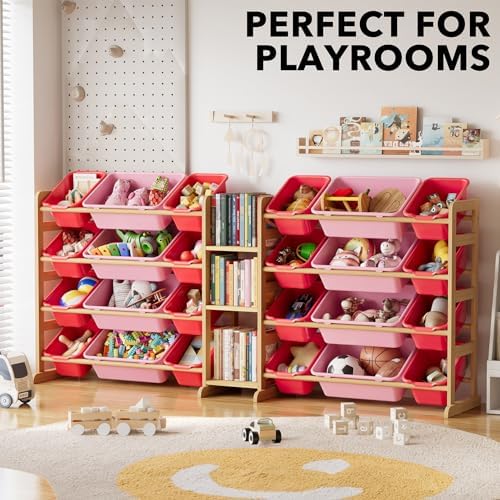 SpaceAid Large Toy Storage Organizer with 24 Bins and 3 Shelves, Toy Organizers Storage Bookshelf, Kids Bin Shelf Box Bookcase for Bedroom Playroom Organization Room Decor, Red and Pink - Image 5