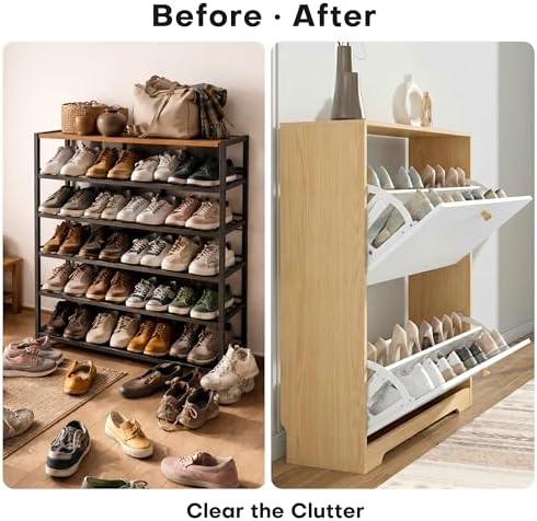 Nicetree Shoe Storage Cabinet with 2 Flip Drawers, Natural Oak and White - Image 5
