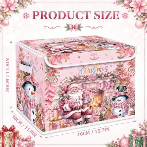 Briwooody Pink Christmas Storage Bin with Lid and Carrying Handle Pink Santa Claus Foldable Storage Box Large Snowman Collapsible Container Basket for Organizing Closet Home Bedroom Xmas Gift - Image 2