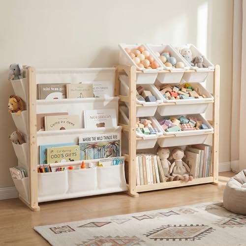 Fodoss Book Shelf for Kids Rooms - Toy Storage Organizer with Bookshelf, Solid Wood Kids Bookshelf with 7 Bins, Side Storage Pockets, Large Toy Organization for Nursery, Natural Pine by Fodoss