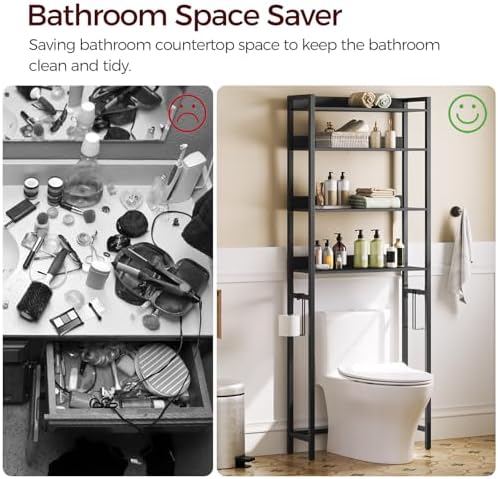 MAHANCRIS Over The Toilet Storage Rack, 4 Tier Bathroom Organizer Over Toilet, Freestanding Space Saver Toilet Stand with 2 Hooks, Bathroom Storage Shelf, Easy to Assemble, Black TSHB0401 - Image 5