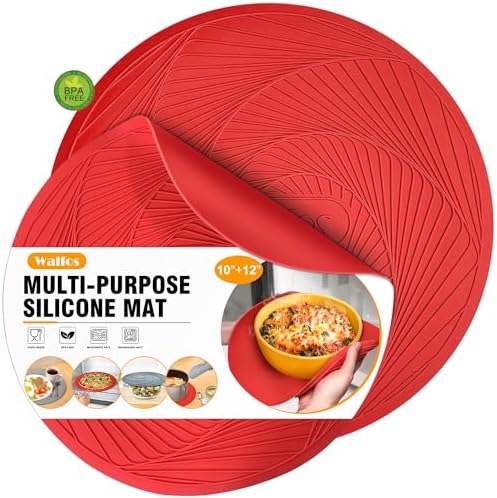 Walfos 12 10 Inch Silicone Microwave Mats, Microwave Splatter Cover for Food, Pot Holders for Kitchen, Non-Slip Heat Resistant Silicone Mats for Microwave, Oven, Hot Pan, Pot (Red) by Walfos