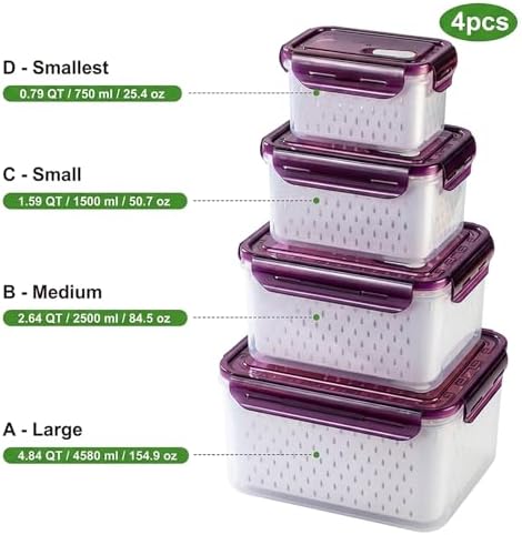 Fruit Storage Containers for Fridge with Removable Colander, Food Storage Containers with Lids, Dishwasher & Microwave Safe, Keep Berry Fruit Vegetable Meat Fresh Longer (Clear Body/Purple Lid) - Image 5