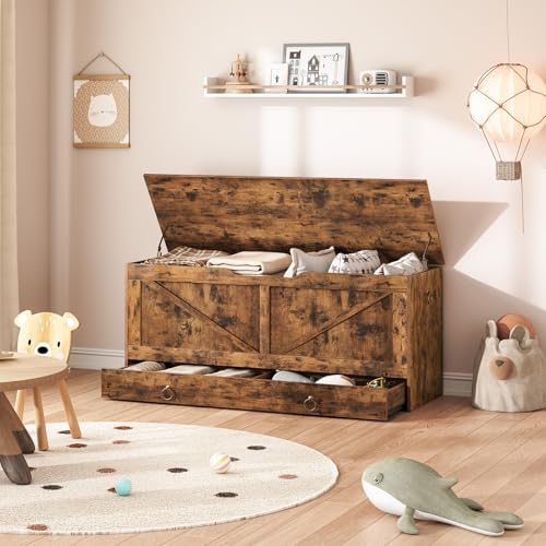 HOOBRO Storage Chest, 43.3" Toy Chest with Drawer, Wooden Storage Bench, Sturdy Entryway Bench Supports 330 lb, Shoe Bench, Safety Hinge, U-Shaped Opening, Easy Assembly, Rustic Brown FG711CW01G2 - Image 2