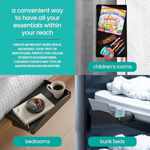 Modern Innovations 2 Count Bedside Organizer for Bed – Clip On Tray with Cup & Cord Holder – for College Dorm, Top Bunk, or Kids Bedroom (Black) - Image 7