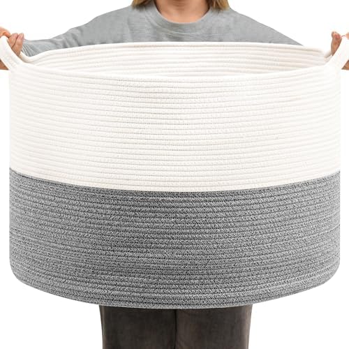 Foldable Laundry Hamper Basket with Collapsible Handle Cotton Rope Soft Woven Fabric Storage Organizer Clothes Toys Nursery Bedroom Dorm Space Saving Bin (White & Light Grey, 115L(23.6"D x 15.7"H)) by BEVOVBE