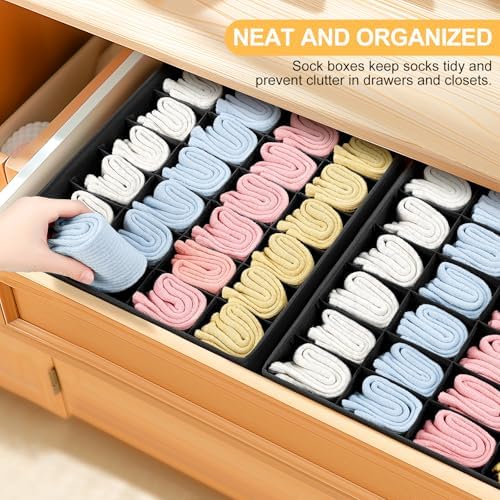 Joyoldelf Sock Drawer Organizer Divider Underwear Organizer 24-cell Fabric Dresser Drawer Organizers Storage Boxes for Socks Lingerie, Handkerchiefs, Ties 4 Pack (Black) - Image 3