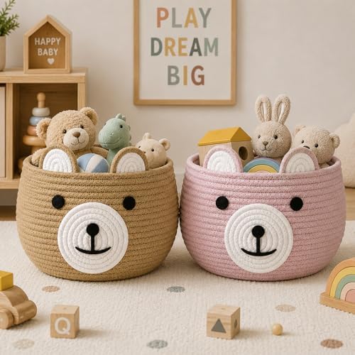 PandaEar 2 Pack Cotton Rope Baby Basket, Baby Gift Basket Nursery Laundry Organizer with Cute Bear Design for Storage Infant Newborn Essentials, Diaper Caddy with Handle - Image 3