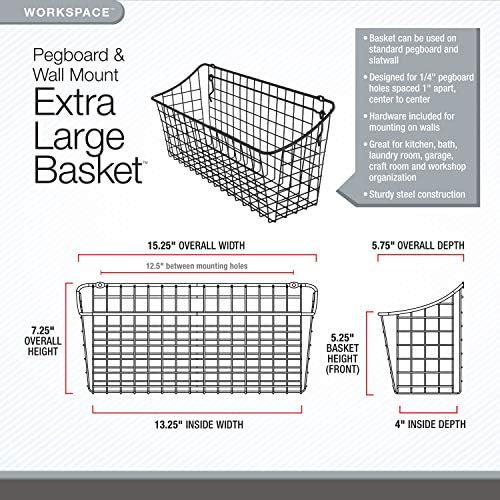 Spectrum Pegboard & Wall Mount Wire Basket Extra Large (Industrial Gray) - Storage & Organizer for Garage, Tools, Shed, Home, Work Bench, Crafts, & More (Pack of 2) - Image 3