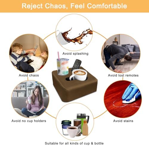 Couch Cup Holder Pillow Tray & Caddy - for Sofa, Bed, Car, Man Cave | Keep Drinks at Hand & Spill-Proof Accessories for New Parents, Camping, Park, Boat, Beach - Brown - Image 4