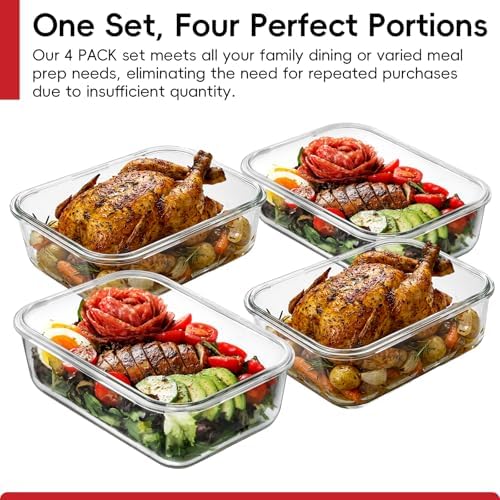 4 Pack 8 Cups/ 63oz Large Glass Storage Containers with Lids, Meal Prep Containers, Glass Food Storage with Airtight Lid for Baking, Leak Proof & Microwave, Oven Safe (4 Containers + 4 Lids) - Image 2