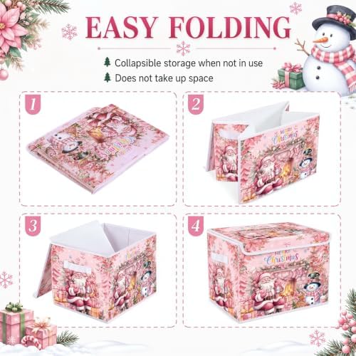 Briwooody Pink Christmas Storage Bin with Lid and Carrying Handle Pink Santa Claus Foldable Storage Box Large Snowman Collapsible Container Basket for Organizing Closet Home Bedroom Xmas Gift - Image 5