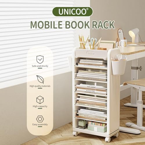 UNICOO® 7 Tier Book Cart | Mobile Bookshelf, Rolling Storage Cart & Mobile Organizer, Lightweight Book Carts with Wheels and Tiered Cart w/Shelving for Home, Office, & Classroom (Gray) - Image 3