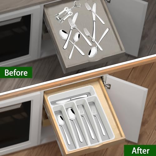 Loyareal Silverware Organizer 2 Pieces Utenisl Organizer Holder Kitchen Drawer Organizer Plastic Silverware Tray for Drawer Flatware Organizer 5 Compartment White - Image 4