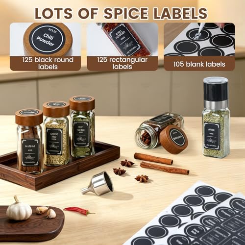 2 Pack Spice Rack with 24 Spice Jars, 4OZ Wood Lid Spice Containers with Expandable Spice Organizer Shelf, Spice Labels, Pepper Grinder Lids, Chalk Marker & Funnel Set for Drawer Kitchen Countertop - Image 5