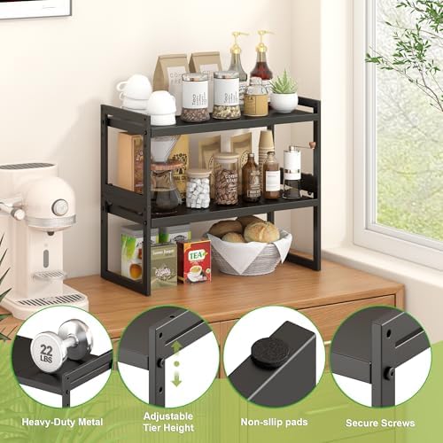 DOLALIKE Expandable Kitchen Countertop Organizer, Stackable Cabinet Shelf Organizers, Space Saving Spice Rack Pantry Storage for Bathroom Office Organization (Black, 2 Pack) - Image 6