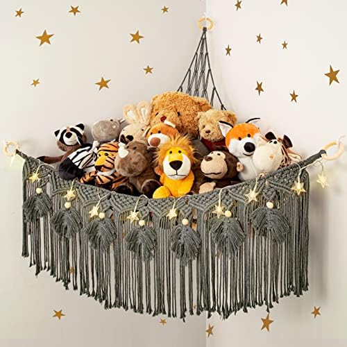 Macrame Stuffed Animal Storage with Star Light, Corner Hammock for Nursery by ANROYE