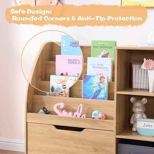 Fatmok 2 Pack Kids Bookcase, 58.5 Inch Wooden Storage Organizer with Reading Nook, Front Facing Book Rack, 5 Cubbies & Detachable Toy Bins, Storage Cabinet for Playroom, Nursery, Kids Bedroom - Image 5
