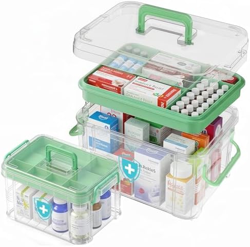 ANYPROLUS 2 Pack Clear Medicine Organizer Box with Handle, Plastic Medicine Container with Tray First Aid Box Empty, Thickened Medicine Storage Organizer Multipurpose Medication Organizer Storage by ANYPROLUS
