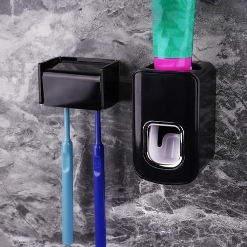 2 Slots Wall Mount Toothbrush Holder with Cover, Self Adhesive Toothbrush Storage Organizer for Shower, Toothbrush Hanger with Automatic Toothpaste Squeezer Dispenser(Black) by LUEXBOX
