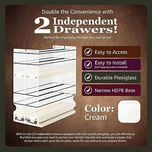 Vertical Spice - Narrow Pullout Spice Rack - Sliding Drawer for Kitchen Organization - Pantry Organizers and Storage - 2 Drawers & 2 Tiers - 20 Spice Jar Capacity (4.6" W x 10.75" H x 10.6" D, Cream) - Image 2
