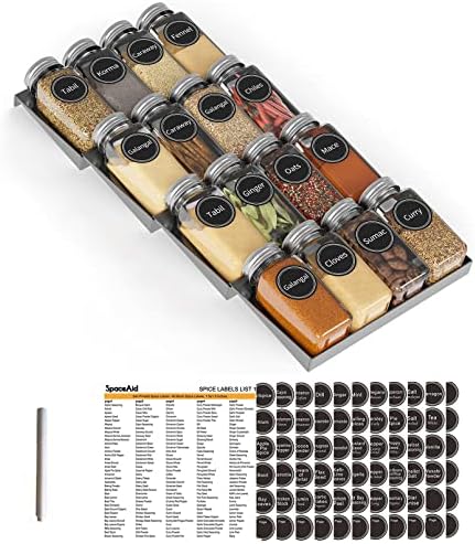 SpaceAid Spice Drawer Organizer with 16 Spice Jars, 386 Spice Labels, 4 Tier Seasoning Rack Tray Insert for Kitchen Drawers, 7.5" Wide x 17.5" Deep by SpaceAid