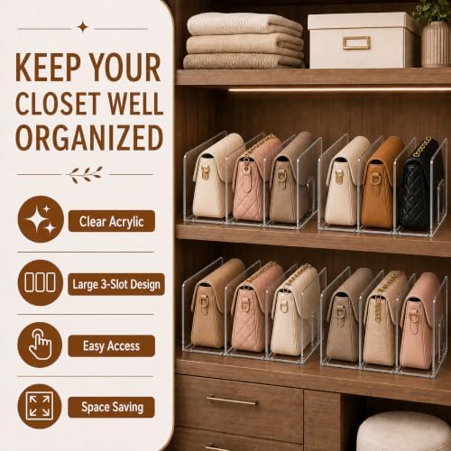 Glxgow 4 Pack Acrylic Purse Organizer for Closet, 12-Slot Clear Handbag Storage Compartments, No Assembly Shelf Divider for Wallets and Clutches - Image 4