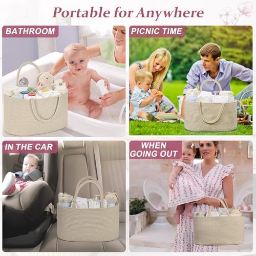 19L Baby Diaper Caddy Organizer, 16.8"x9.8"x9" Cotton Rope Diaper Basket, Changing Table Storage Caddy With Removable Divider, Baby Basket for Nursery, Car, Diapers, Baby Shower Gifts for Newborn - Image 4
