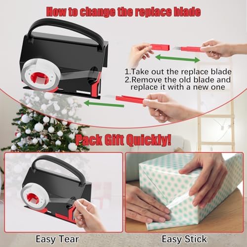 2-Pack Wrapping Paper Cutter & Tape Dispenser for Christmas Gift, Improve Gift Packaging Efficiency, Makes the Cutting line straighter, Cutting Tool with 4 Tapes，2 Replace Blades Kit, Red and Black - Image 3