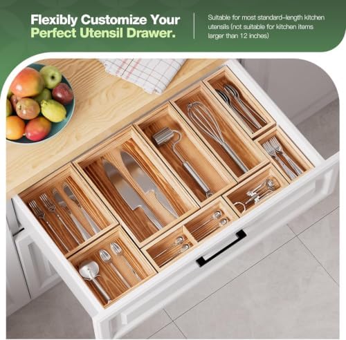 9-Pack Solid Wood Junk Drawer Organizer, Modular Desk Drawer Tray & Accessories with Non-Slip Pad, Multi-Use for Kitchen, Office, Bedroom Dresser, Utensil, Makeup, Stationery, Tea Bags & Coffee Pod - Image 2