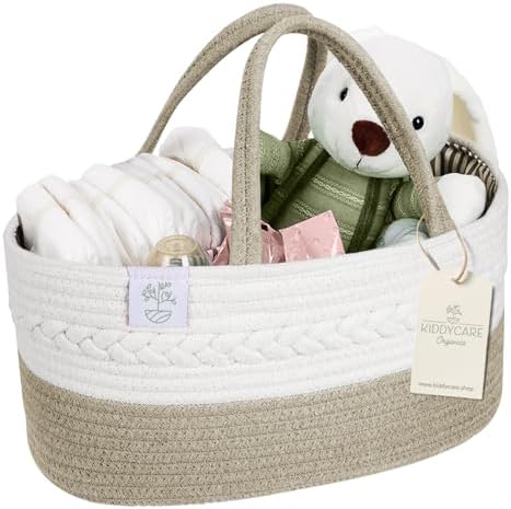 KiddyCare Baby Diaper Caddy Organizer, Cotton Nursery Baby Gift Basket with Handle Lid Baby Caddy Organizer, Portable Baby Basket Diapers & Wipes, Basket for Moms, Wheat Field - Large by KiddyCare