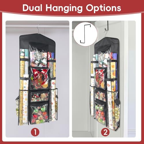 Wrapping Paper Organizer, Double-Sided Hanging, Over Door Gift Wrap Storage with Multiple Pockets, Side Pockets, Elastic Straps, Organize Ribbons, Bows, Tools, Space-Saving Closet,Cabinet Design,Black - Image 5