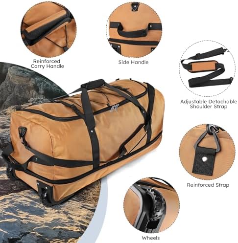 110L Expandable to 140L 32” Foldable Oxford Soft-Sided Rolling Duffle Bag with 2 Heavy-Duty Wheels,2 Large Compartments,Adjustable Shoulder Strap and Attached Organizer Pouch,Coffee - Image 5