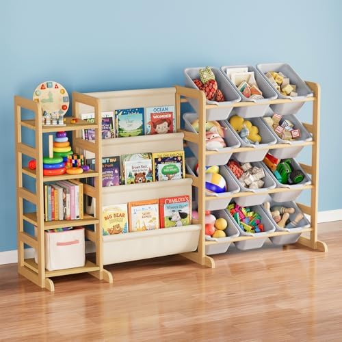 SpaceAid 3-in-1 Toy Storage Organizer with 4 Shelves and 12 Bins, Toy Organizers Storage 3-Tier Bookshelf, Kids Bin Shelf Box Bookcase for Bedroom Playroom Organization Room Decor, Neutral Gray by SpaceAid