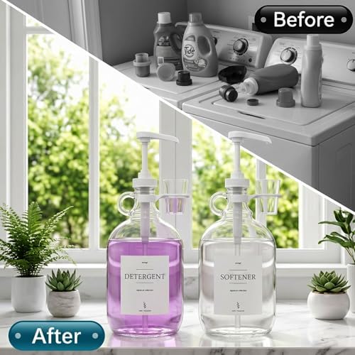 2 Pcs Glass Liquid Laundry Detergent Dispenser with Cup Holders, Half Gallon Dispenser for Laundry Room (64 oz. Each), Laundry Detergent Bottles with Pump Dispenser -Includes Labels, Measuring Cups - Image 5