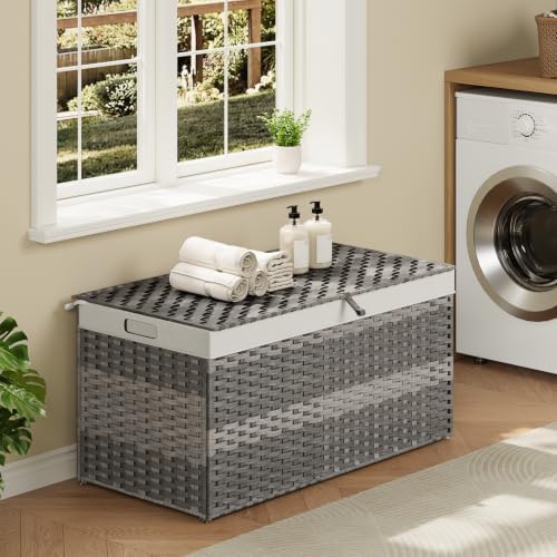 HOOBRO Storage Basket with Lid, 52.8 Gallon (200L) Wicker Basket, Handwoven Blanket Storage Basket with Handles, Metal Frame and Soft Lining, Foldable for Bedroom, Laundry Room, Gray GY220CW01 - Image 4