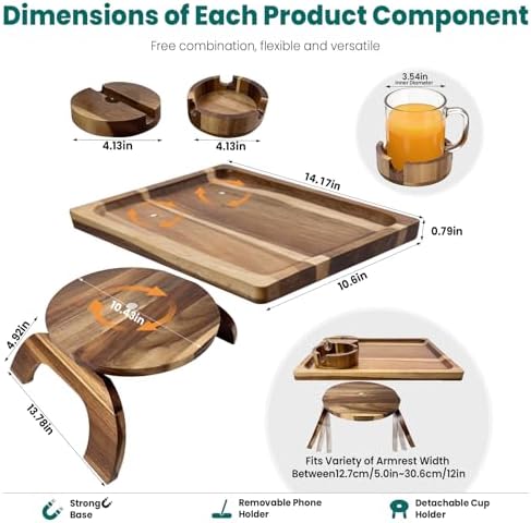 Manspdier Acacia Wood Sofa Arm Tray Table Clip On Couch Armrest Table - Image 3