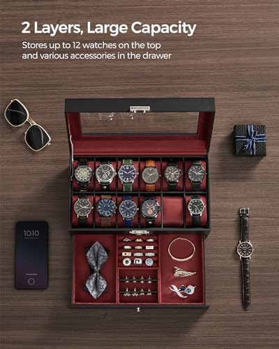 SONGMICS 12-Slot Watch Box, Lockable with Glass Lid, 2 Layers Watch Case - Image 4