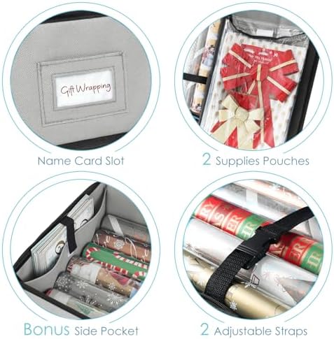Hearth & Harbor Wrapping Paper Storage Container and Clear Wrap Paper Holder - Christmas Storage Bag with Interior Pockets - Fits Up to 36 Rolls of 40" - Tear Proof, Silver - Image 4