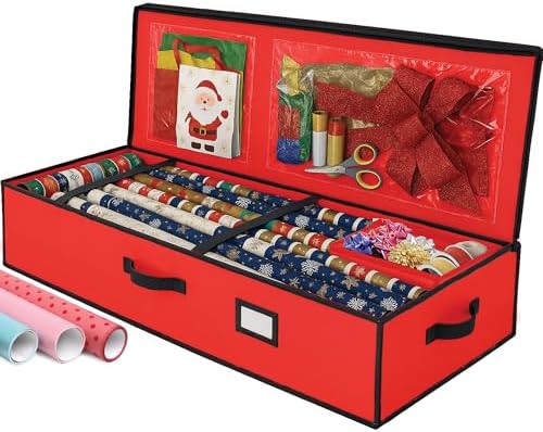 Christmas Wrapping Paper Organizer Storage Box, Straps/Pockets, 40" Heavy-Duty Gift Wrap Storage Holder for Bags, Bows, Tags, Ribbons, Holiday Decorations, Fits Up to 24 Rolls Underbed Container (Red) by PEULEX