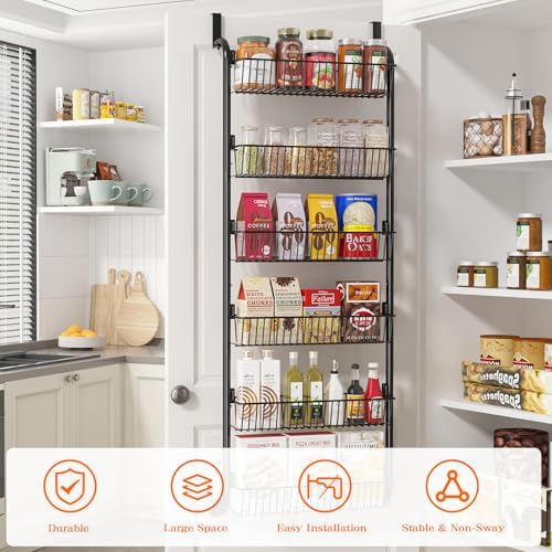 MIAOLI Over the Door Pantry Organizers and Storage, 6-Tier Spice Rack, Home & Kitchen Storage Shelves for Cabinet, Large Capacity Hanging Seasoning Organizer, Laundry Room Organization, Black - Image 4