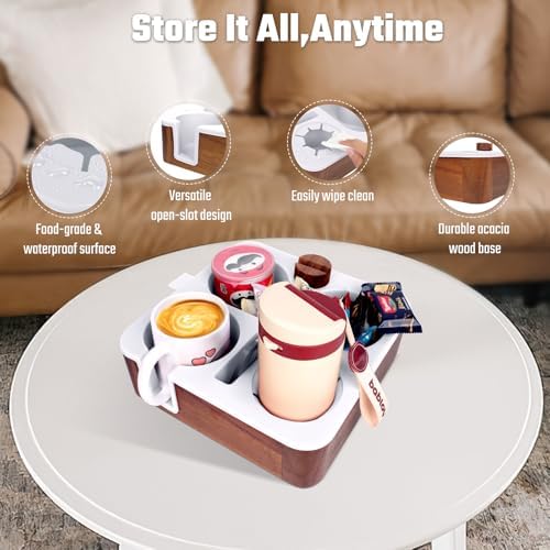 Couch Cup Holder Tray, Real Acacia Wooden Caddy with Soft Silicone, Snack and Drink Organizer- Perfect Movie Night Accessories for Bed, Remote and Cup Holders for Sofa (White) - Image 2
