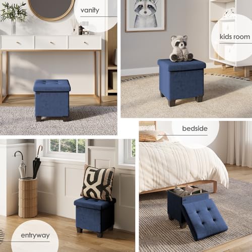 Storage Ottoman Cube with Small Bin, 15-in Square Ottoman with Storage for Living Room and Bedroom, Small Ottomans Foot Rest, Velvet Foot Stools Ottomans Max 330lbs, Blue - Image 5